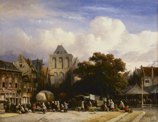 Verveer S.L.  | Daily activities in a Dutch town, oil on panel 23.7 x 30.2 cm, signed l.r. and dated '47