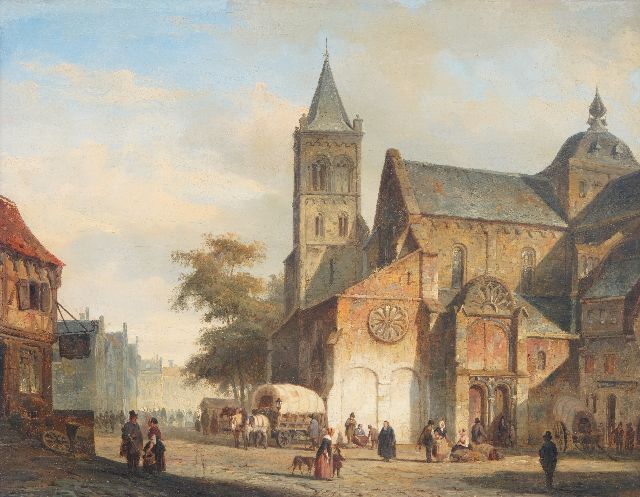 Cornelis Springer | Dutch town square with church and covered wagon, oil on canvas, 36.5 x 46.0 cm, signed l.l. with monogram and dated '44