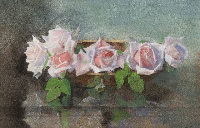 Jan Voerman sr. | Bowl with La France roses on a plinth, watercolour on paper, 32.5 x 49.6 cm, signed u.r. with initials