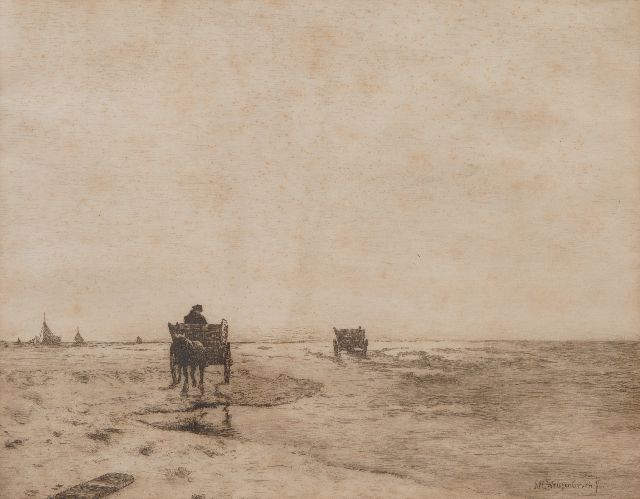 Weissenbruch H.J.  | Beach with horse and carriage and ships, etching on paper 35.0 x 44.0 cm, signed x