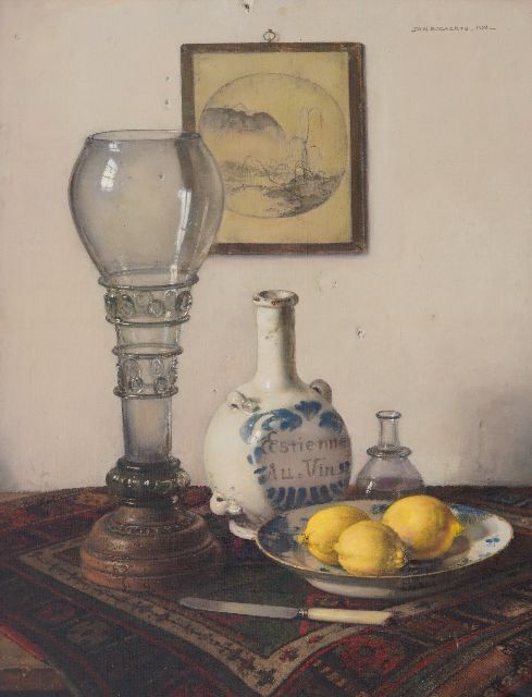 Jan Bogaerts | Still life with roemer, stone jug, and plate of lemons, oil on canvas, 72.8 x 56.4 cm, signed u.r. and dated 1953