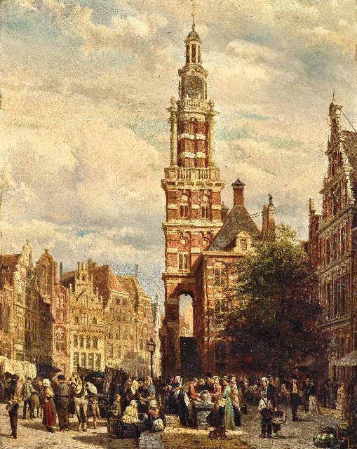 Cornelis Springer | A Bustling Market Scene in front of the Wijnhuis Tower in Zutphen, oil on panel, 60.0 x 47.5 cm, signed l.c. and dated 1872
