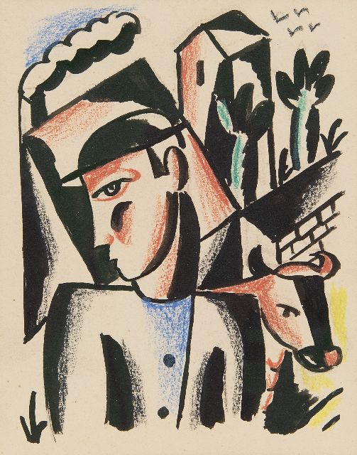 Hynckes R.  | Farmer with cow, ink and chalk on paper 15.3 x 12.3 cm