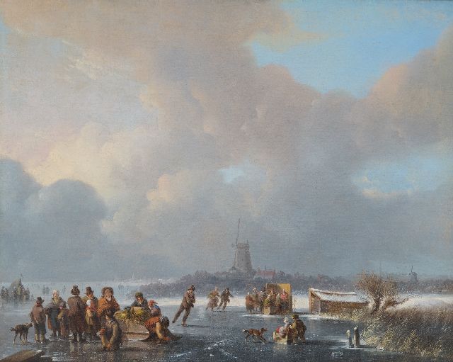 Stok J. van der | Skaters and a 'koek en zopie' on a frozen waterway, oil on canvas 48.0 x 60.0 cm