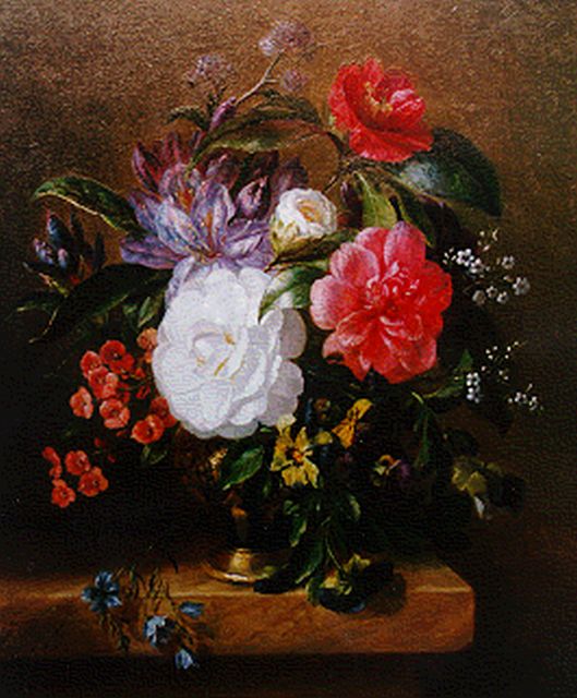 Eeghen J.R. van | A flower still life on a marble ledge, oil on panel 37.9 x 31.6 cm, signed l.l. with monogram and dated 1855