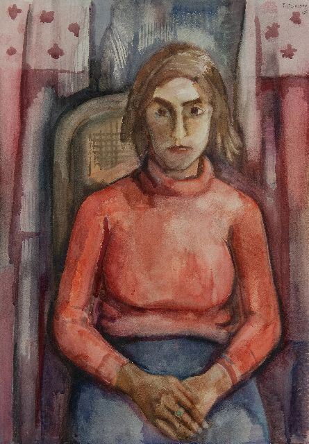 Wiegman P.C.C.  | Seated woman in red pullover, watercolour on paper 100.0 x 68.8 cm, signed u.r. and dated 1936