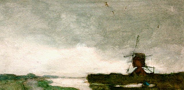 Jan Hendrik Weissenbruch | A windmill in a polder landscape, watercolour on paper, 21.0 x 35.0 cm, signed l.r.