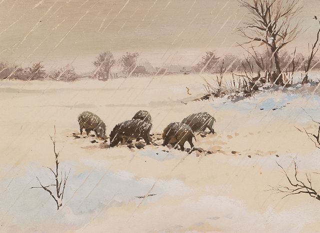 Poortvliet R.  | Wild boars in the snow, Hoge Veluwe, gouache on paper 12.6 x 17.3 cm