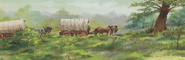 Rien Poortvliet | Wagons in a Gelderland landscape, watercolour on paper, 6.3 x 17.5 cm