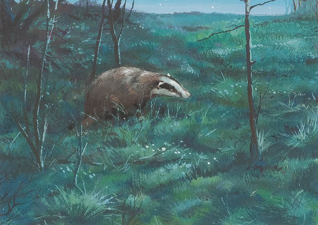 Rien Poortvliet | A badger on the move at dusk, gouache on paper, 12.9 x 17.3 cm