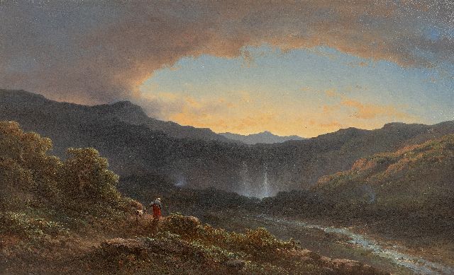 Johannes Hilverdink | Golden sky over the waterfall, oil on panel, 33.7 x 55.3 cm, signed l.l. and dated 1874, without frame