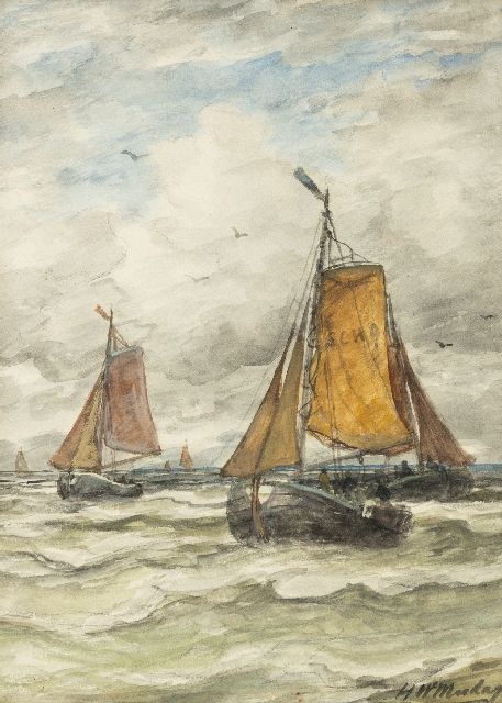 Hendrik Willem Mesdag | Bomschuiten at sea, charcoal and watercolour on paper, 36.0 x 26.0 cm, signed l.r.