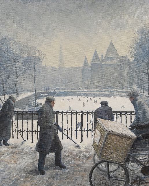 Verbiest-Boers E.  | Snow on the OZ Voorburgwal en the Waag  in Amsterdam, oil on canvas laid down on painter's board 60.0 x 48.2 cm, signed l.r. with monogram