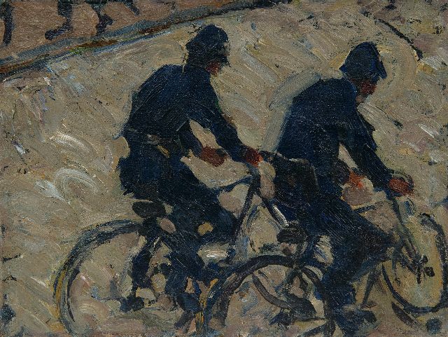 Johan Dijkstra | Two cycling police officers, oil on canvas laid down on panel, 21.4 x 28.0 cm