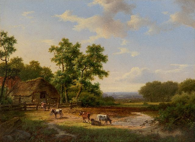 Marinus Adrianus Koekkoek I | Summer landscape with cattle by a farm shed, oil on panel, 25.3 x 33.8 cm, signed l.l. and dated 1862