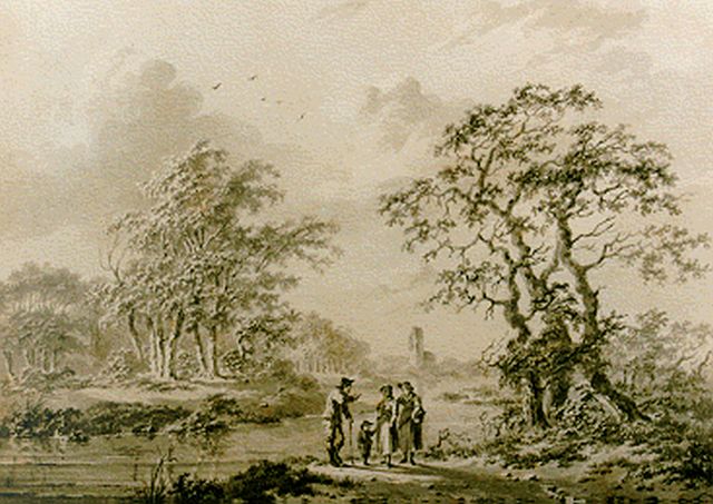 Barend Cornelis Koekkoek | Extensive wooded landscape with figures on a path, sepia on paper, 12.5 x 17.8 cm, signed l.r. and dated 1838