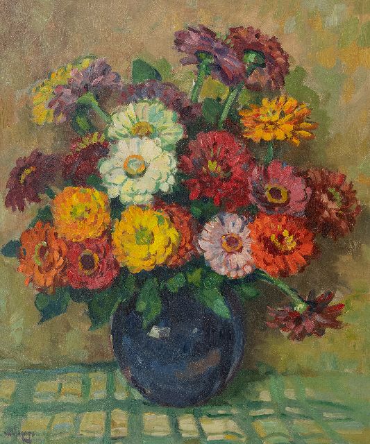 Ben Viegers | Zinnias in a blue vase, oil on canvas, 60.3 x 50.4 cm, signed l.l.