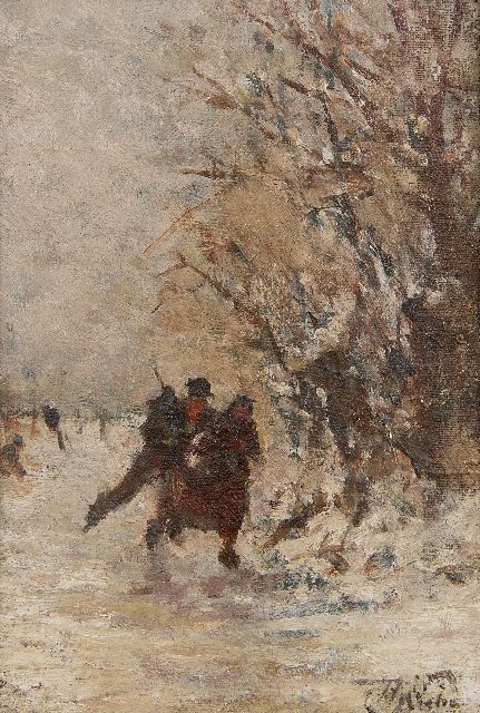 Seben H. van | A couple skating in a winter landscape, oil on canvas laid down on panel 17.4 x 11.7 cm, signed l.r.