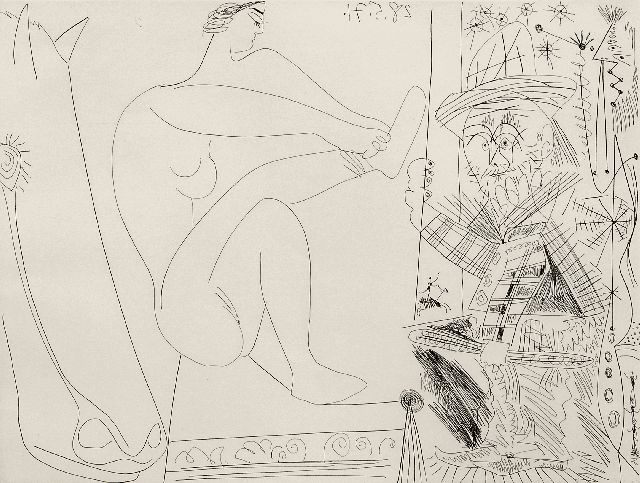 Picasso (Pablo Ruiz y Picasso) P.  | Au cirque. Écuyère se chaussant dans les coulisses et clown au trapèze, etching 31.4 x 41.2 cm, signed l.r. with namestamp and dated 28.5.71 (in the plate)