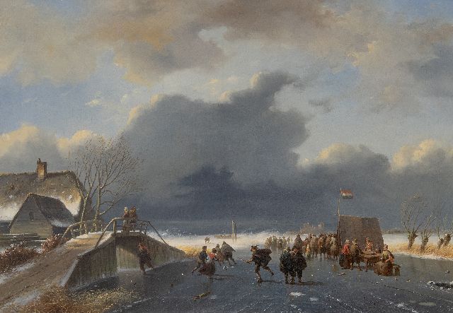 Roosenboom/Verboeckhoven Nicolaas Johannes/Eugène  | Skating fun with an approaching snowstorm (figures by Eugène Verboeckhoven), oil on canvas 48.1 x 68.0 cm