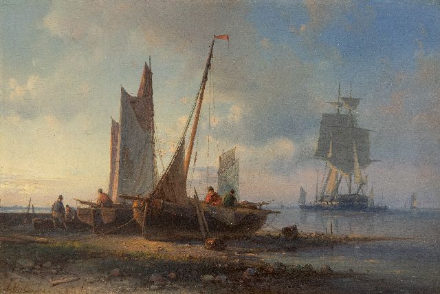 Abraham Hulk | Coastal scene with a frigate at anchor and fishing boats on the shore, oil on panel, 16.4 x 24.4 cm, signed l.l.