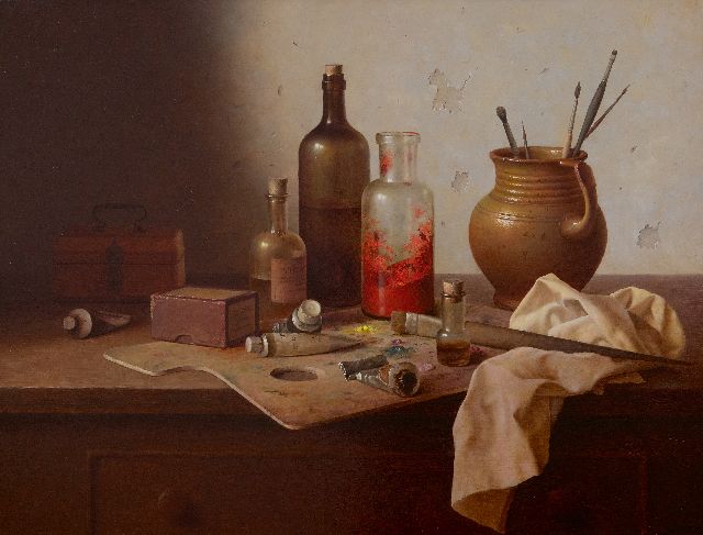 Bubarnik A.G.  | Still life of painters' attributes on a workbench, oil on panel 50.0 x 65.0 cm, signed l.r.