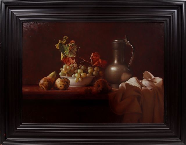 Gyula Bubarnik | Still life of fruit and a pewter jug on a table, oil on panel, 50.0 x 70.0 cm, signed l.l.