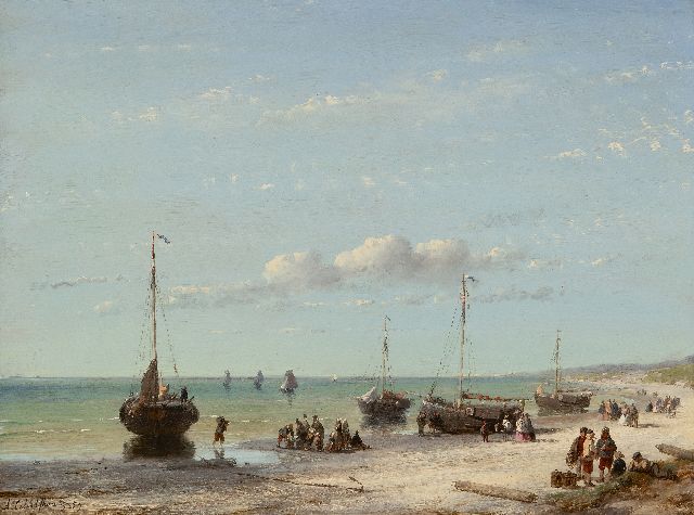 Schelfhout A.  | Beach scene with ships, fishermen and elegant visitors, oil on panel 32.1 x 43.0 cm, signed l.l. and dated '59