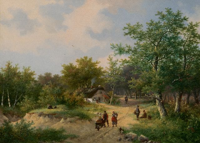 Koekkoek P.H.  | Peasants on a country road, oil on panel 26.8 x 37.2 cm, signed l.c.