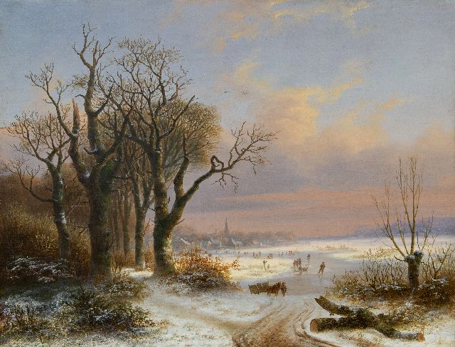 Vijver W.S.P. van der | A winter landscape with skaters near a village, oil on canvas 48.8 x 62.5 cm, signed l.r. and dated 1854