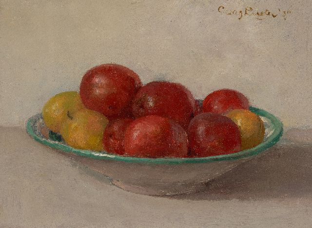 Rueter W.C.G.  | Still life with fruit on a small dish, oil on panel 17.6 x 23.3 cm, signed u.r. and dated '37, without frame