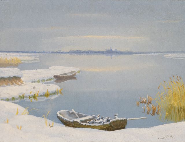 Dirk Smorenberg | Winter at Loosdrecht with a family of ducks in a boat, oil on board, 30.3 x 39.5 cm, signed l.r.