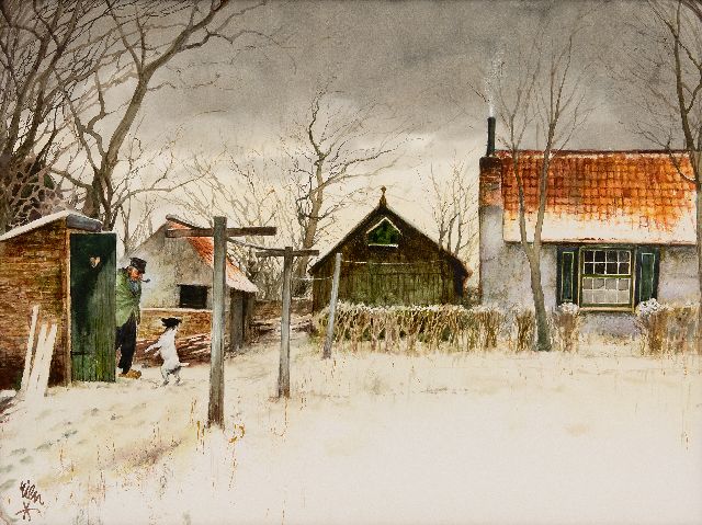 Rien Poortvliet | A happy friend on the farm, watercolour on paper, 50.0 x 65.0 cm, signed l.l.