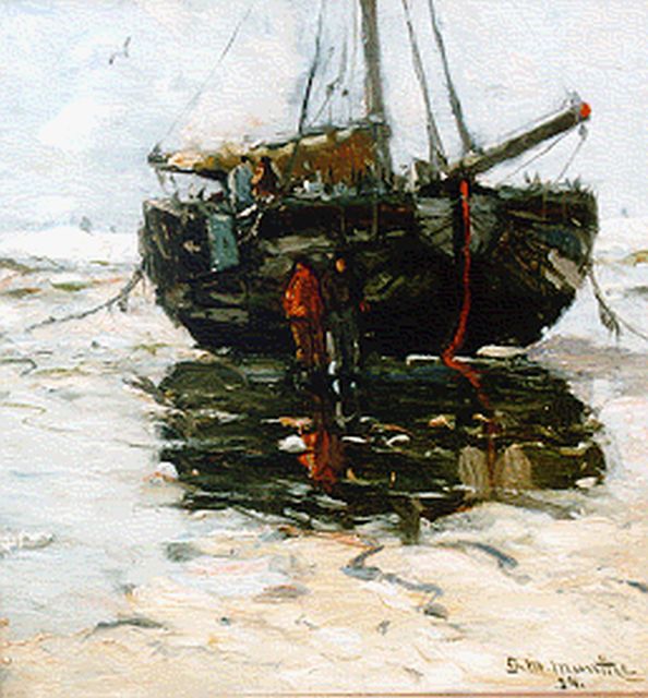 Munthe G.A.L.  | 'Bomschuit on the beach', oil on painter's cardboard 32.7 x 31.0 cm, signed l.r. and dated '14