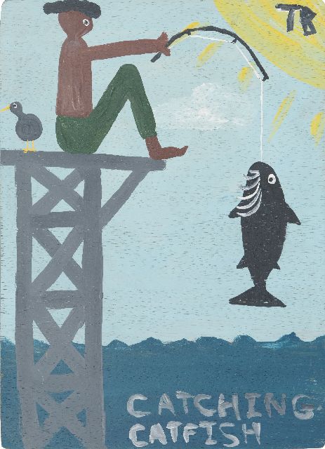 Tim Brown | Catching Catfish, acrylic on plywood, 52.5 x 38.0 cm, signed u.r. and ca 1995