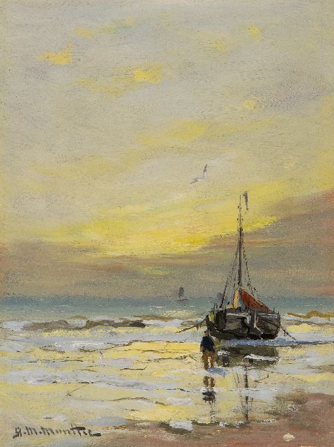 Morgenstjerne Munthe | fishing boat in the surf at sunset, oil on painter's board, 20.0 x 14.8 cm, signed l.l.