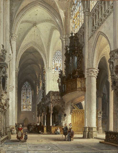Genisson J.V.  | Interior of the St. Gummarus church in Lier, oil on panel 47.0 x 36.5 cm, signed l.l. and dated 1850