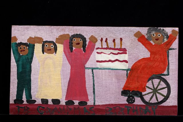 Brown T.  | Grandmas birthday, acrylic on panel 28.3 x 53.1 cm, signed l.l. with initials and ca 1995