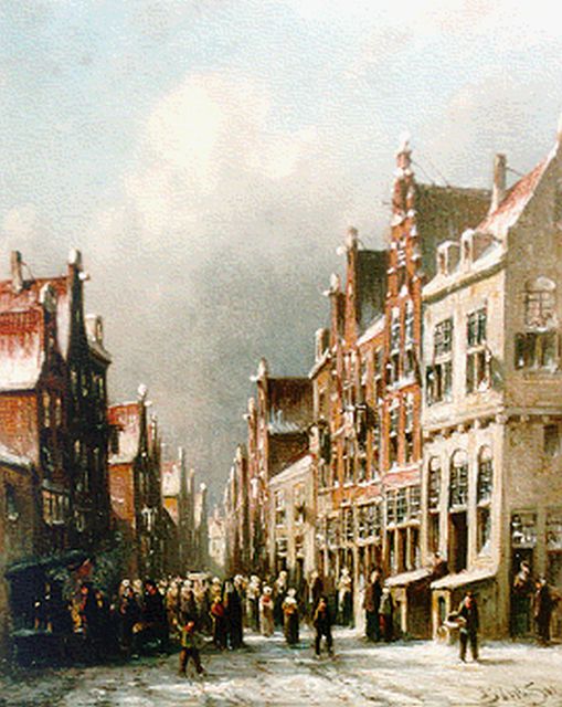 Petrus Gerardus Vertin | Townsfolk in a busy street in winter, oil on panel, 24.0 x 19.6 cm, signed l.r. and dated '85