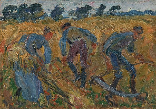 Johan Dijkstra | Mowing farm laborers, Groningen, oil on canvas laid down on panel, 21.5 x 30.2 cm, signed l.r. and dated ca. '25