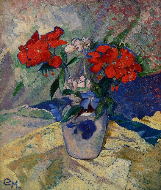 Machotka C.  | Red flowers in a vase, oil on canvas 32.0 x 27.1 cm, signed l.l. with initials and to be dated ca. 1925