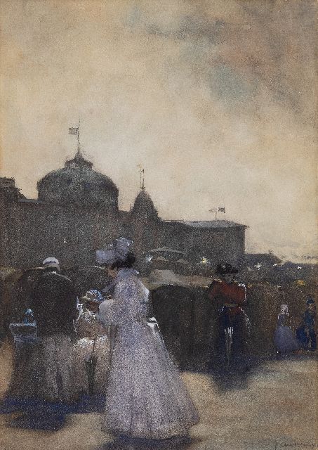 Floris Arntzenius | Summer guests at the Kurhaus in Scheveningen at twilight, chalk, watercolour and gouache on paper, 43.8 x 30.8 cm, signed l.r.
