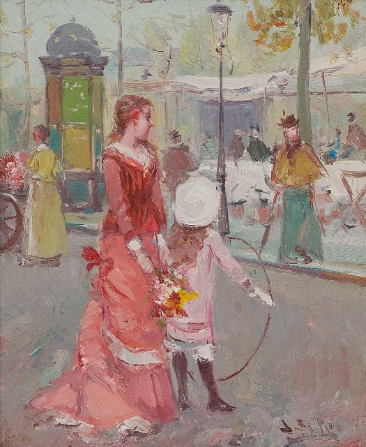 Soler J.  | Strollers on a Parisian boulevard, oil on panel 27.2 x 22.0 cm, signed l.r.