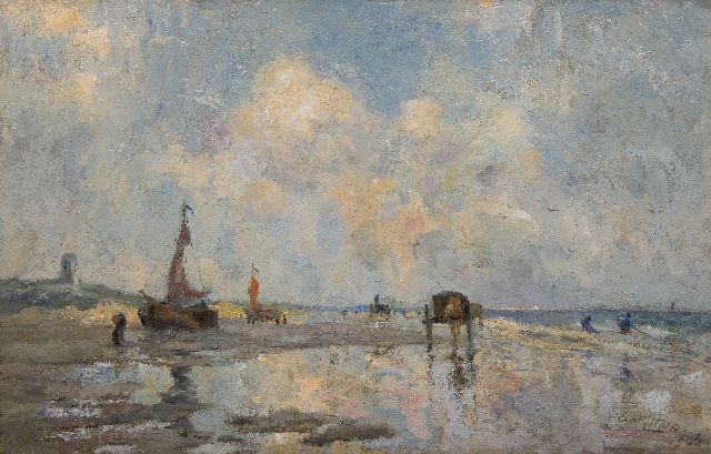 Pieters E.  | Beach at Katwijk with barges and shellfishers, oil on canvas 85.5 x 130.2 cm, signed l.r. and dated 1906