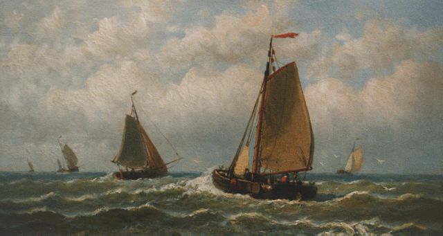 Hendrik Hulk | Sailing vessels in full sail, oil on canvas, 18.0 x 30.1 cm, signed l.r.