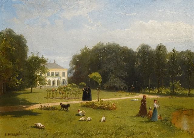 Cunaeus C.  | Country house with elegant ladies in the garden, oil on panel 26.0 x 35.0 cm, signed l.l. and private