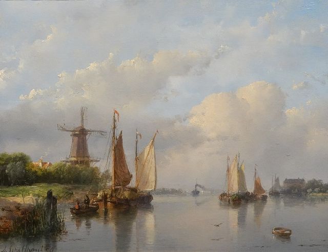 Andreas Schelfhout | A summer river view with sailing ships, a steamship in the distance., oil on panel, 22.0 x 29.0 cm, signed l.l. and dated '58
