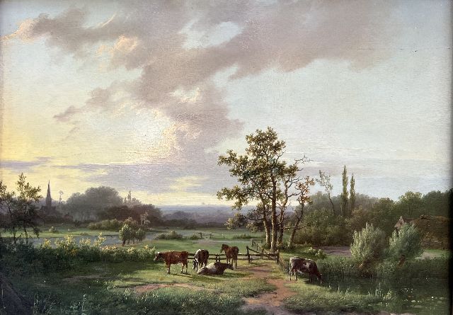 Marinus Adrianus Koekkoek I | Wide summer landscape with cattle, oil on panel, 25.3 x 34.6 cm