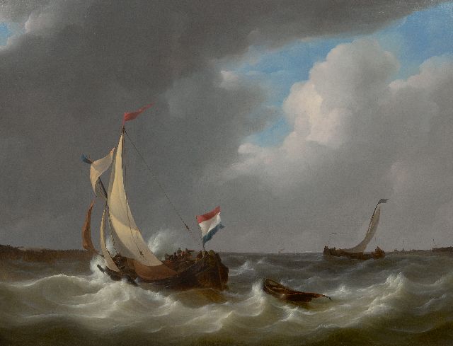 Schotel J.C.  | Dutch boat on a choppy sea, oil on canvas 71.4 x 93.3 cm, signed l.l. and dated 1829