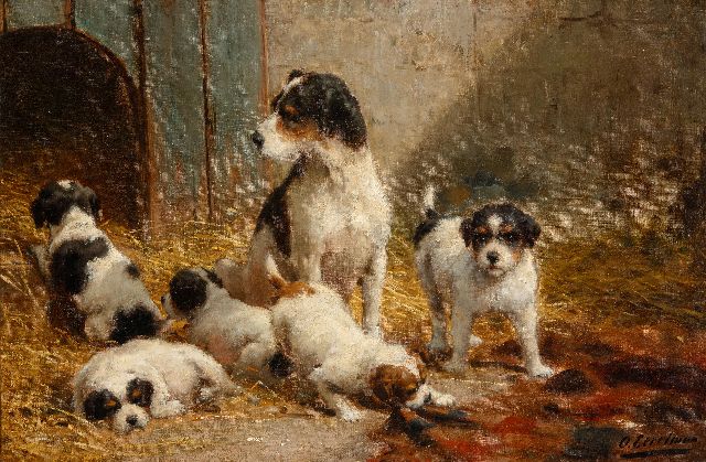 Eerelman O.  | Mother watching over her litter in a barn, oil on canvas 59.7 x 89.7 cm, signed l.r.